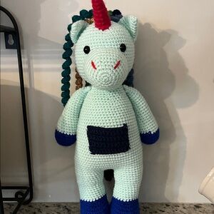 Handmade Mint Crochet Unicorn Plush with Navy Accents